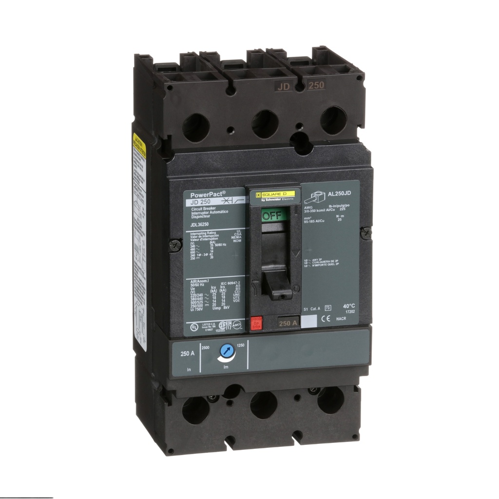 Breaker termomagnético industrial JDL36250, 3P, 250A, 600V,14kA en 600 VAC