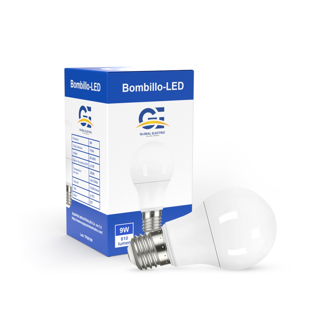 Bombillo LED A60, 9W, 810Lms, 90-240V, 3500K, 15000hrs, E27, CE