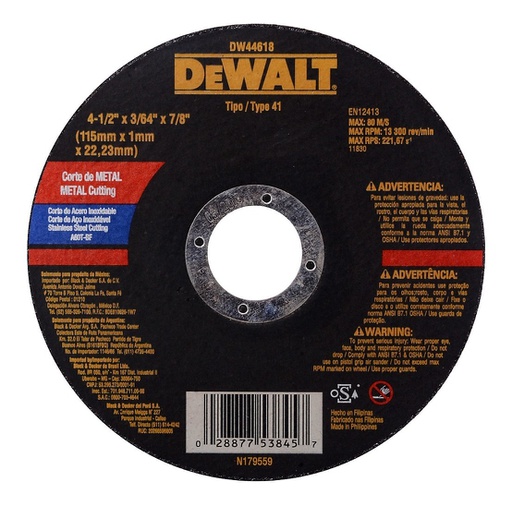 [HER.08.098] DEWALT Disco de corte para metal de 4½"x3/64"x 7/8"