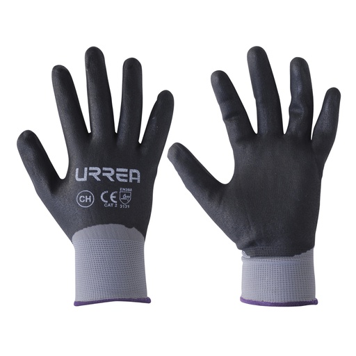 [HER.04.242] URREA Guantes de nylon con recubrimiento de poliuretano espumoso negro talla L