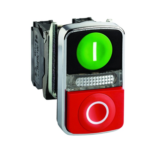 [AUT.04.126] [XB4BW84B5] Pulsador doble iluminado LED integrado, verde rasante/rojo saliente, luz amarilla, 22mm, 1NA + 1NC, 24V, Harmony XB4