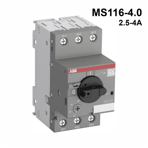 [AUT.01.030] Guardamotor termomagnético MS116-4.0 con terminales de abrazadera de tornillo, 2.5→4A, 3P, 1.5kW, 208→690VCA, -25→+55°C, 60HZ