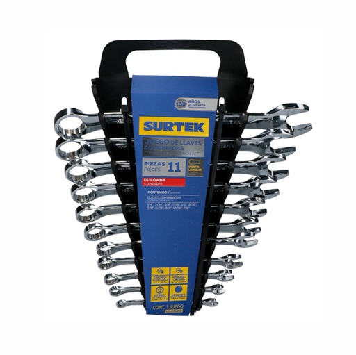 [HER.04.755] [100557] SURTEK Juego de 11 llaves combinadas pulido espejo métricas de 12 puntasen rack